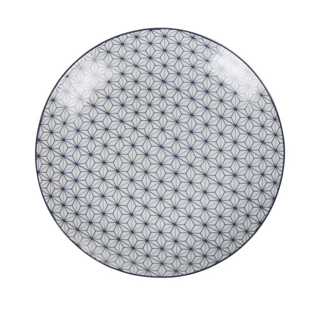 Assiette &agrave; dessert ronde motif g&eacute;om&eacute;trique blanc et bleu &Oslash;19cm