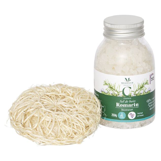 Coffret Mess&eacute;gu&eacute; sel de bain romarin et &eacute;ponge chanvre 100% naturel