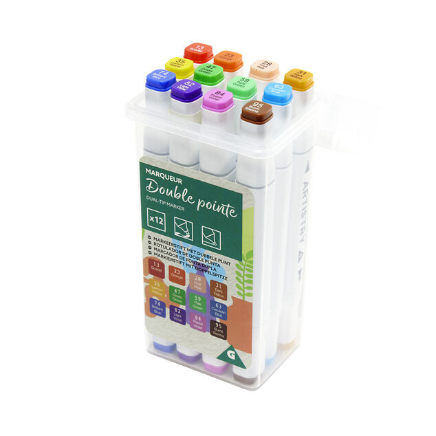 Lot de 12 marqueurs double pointe dans boite H16,3cm