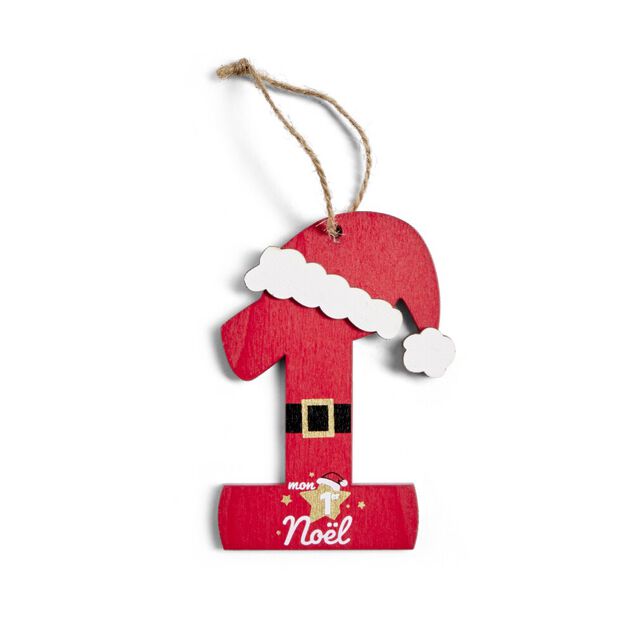 D&eacute;coration "Mon 1er No&euml;l" &agrave; suspendre en bois chiffre 1 rouge H10cm