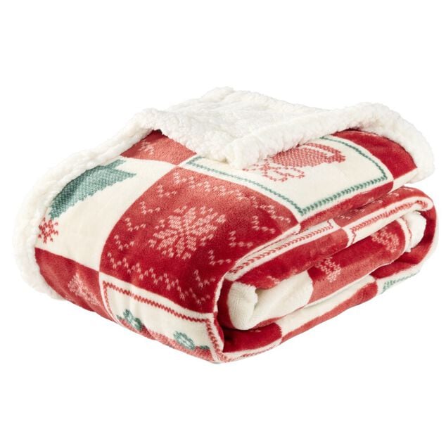 Plaid imprim&eacute; motif No&euml;l polyester L150X120 cm (3 mod&egrave;les beige/rose/rouge)