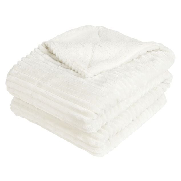 Plaid c&ocirc;tel&eacute; uni ivoire avec dos sherpa 130x160 cm