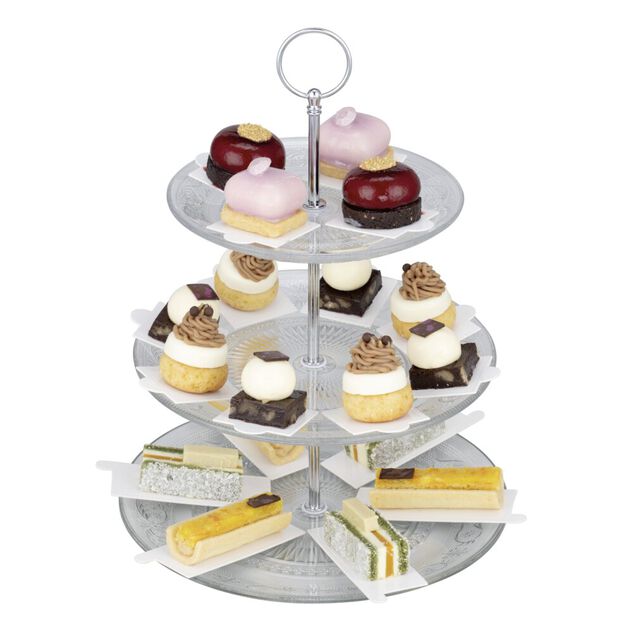 Serviteur en verre à motif gravé à 3 étages Ø18xØ23xØ25cm