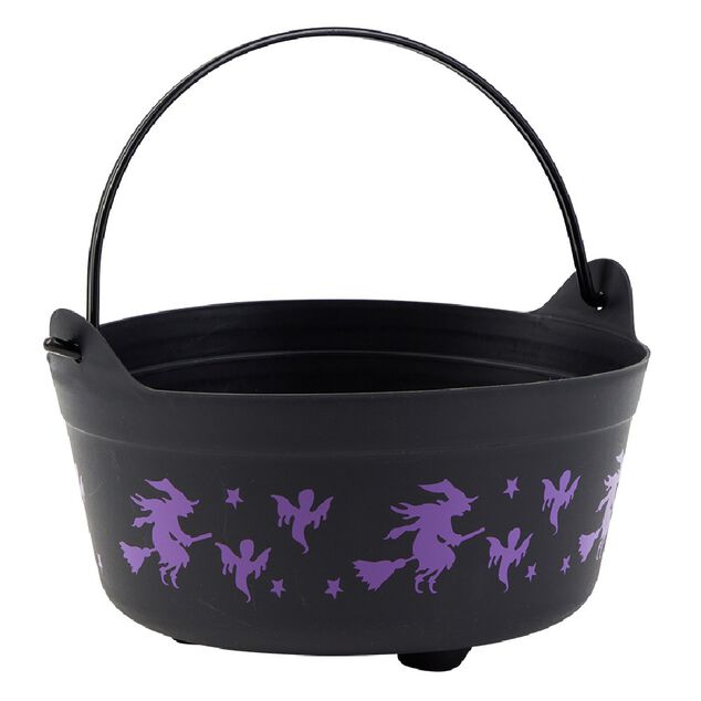 Seau &agrave; bonbons Halloween motif sorci&egrave;re noir et violet