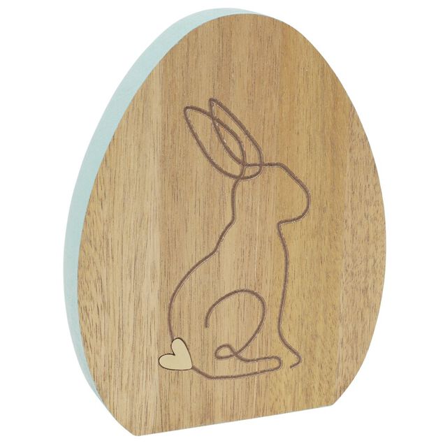 D&eacute;coration oeuf en bois avec lapin grav&eacute; 12xH15cm (3 mod&egrave;les)