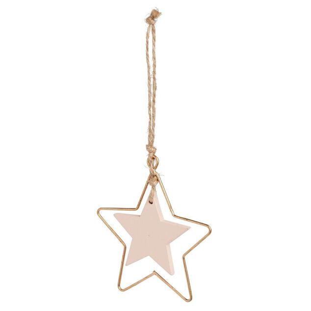 Suspension &eacute;toile m&eacute;tal dor&eacute; et bois rose 8xH20cm