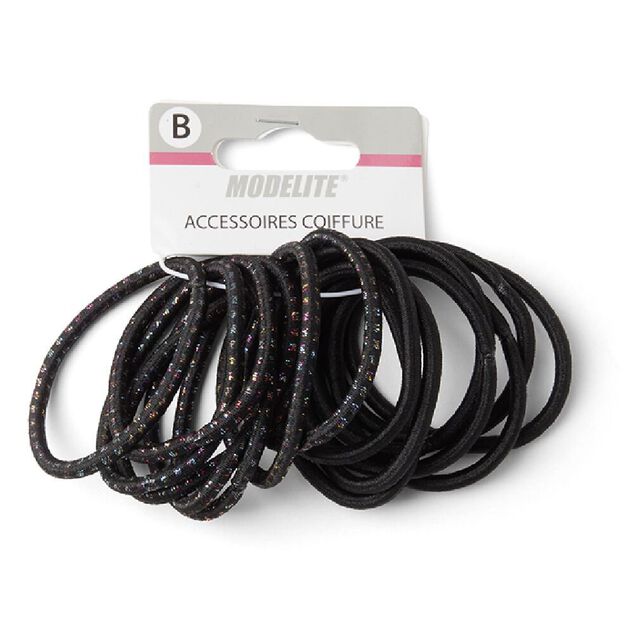 Lot de 15 &eacute;lastiques &agrave; cheveux polyester noir et fil m&eacute;tallique multicolore