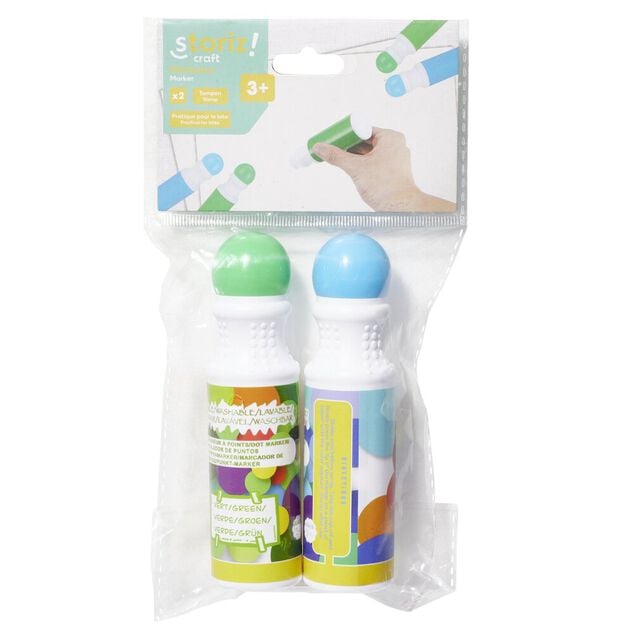 Marqueur tampon &agrave; point lavable x2 vert et bleu L13cm