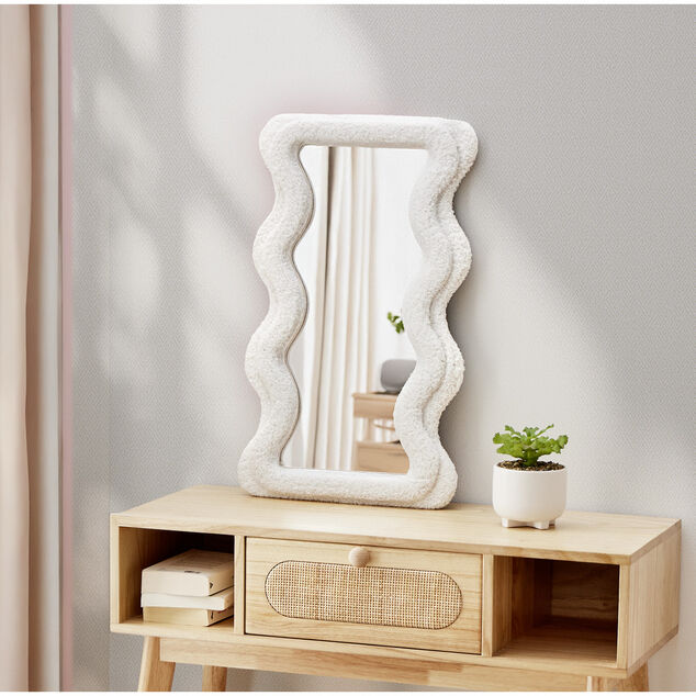 Miroir ondul&eacute; cadre blanc tissu bouclette 37xH60cm