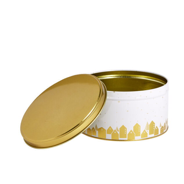 Bo&icirc;te ronde en m&eacute;tal blanc et dor&eacute; &Oslash;13,5xH7cm