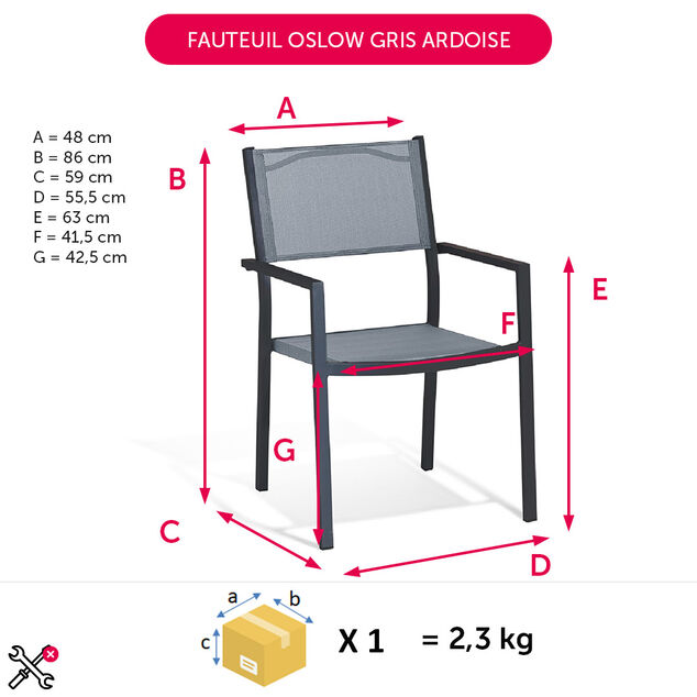 Fauteuil de jardin Oslow aluminium textil&egrave;ne gris 59x55,5xH.86 cm