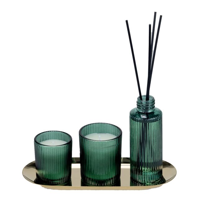 Coffret senteur bougie x2 avec diffuseur 100ml et plateau m&eacute;tal dor&eacute; (3 mod&egrave;les)