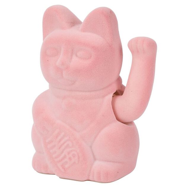Chat porte-bonheur velours rose 11xH15x9cm