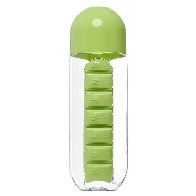 Gourde pilulier hebdomadaire transparente et verte