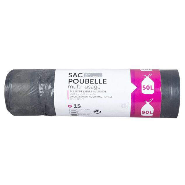 Sac poubelle lien coulissant 50L x15