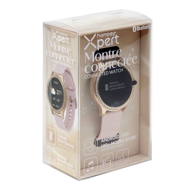 Montre connectée ronde strass bracelet silicone Ø5cm (2 modèles blanc ou rose)