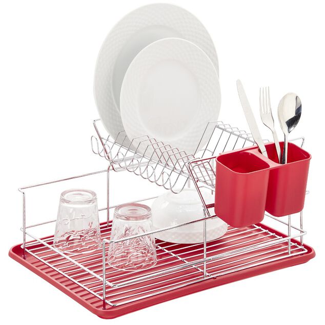 Égouttoir à 2 niveaux avec receveur et supports à couverts rouge