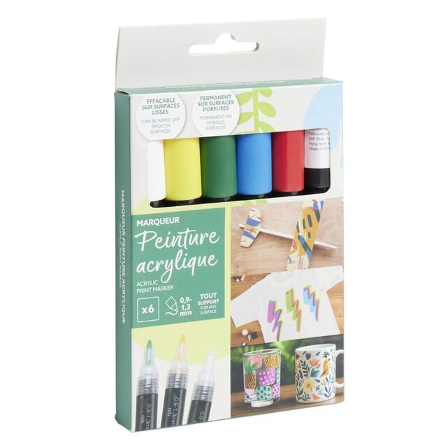 Marqueur permanent x6 peinture acrylique blanc/noir/rouge/bleu/vert/jaune