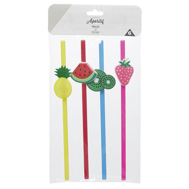 Paille design fruit en plastique r&eacute;utilisable x4