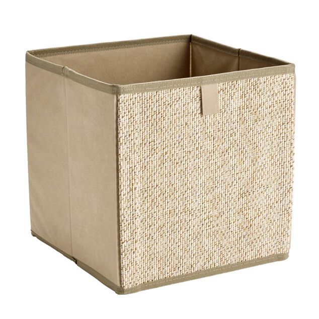 Panier de rangement carr&eacute; intiss&eacute; et bambou beige 27x27x27cm