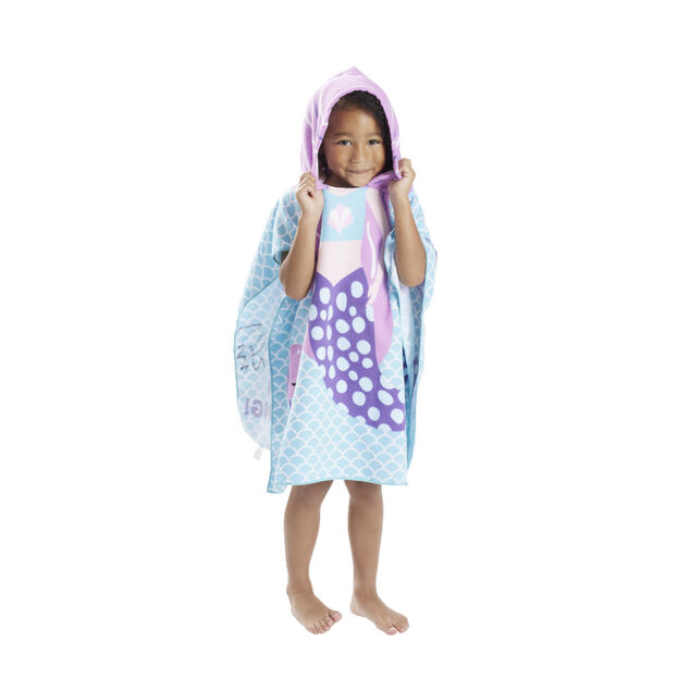 Poncho sortie de plage enfant avec capuche motif sir&egrave;ne bleu 60x60xH120cm