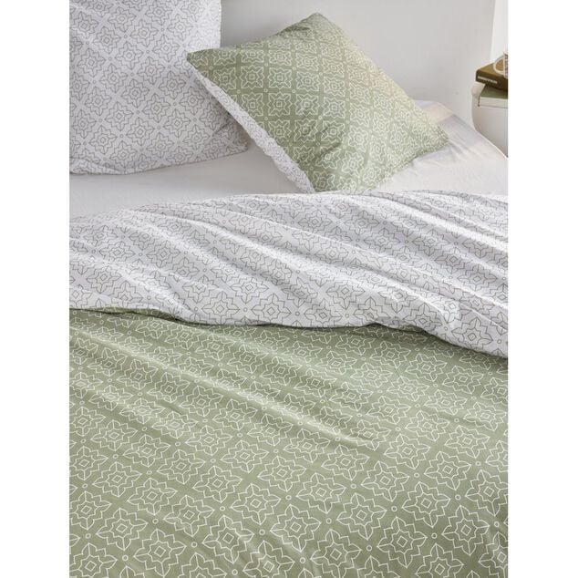 Parure de lit 2 personnes 220x240cm r&eacute;versible &agrave; motif blanc et vert sauge