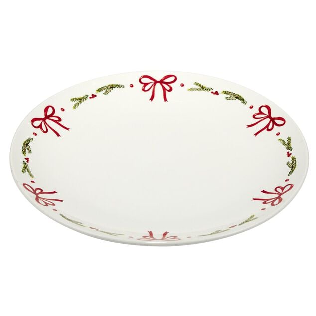 Assiette plate c&eacute;ramique blanche bord noeuds rouges &Oslash;26,5cm