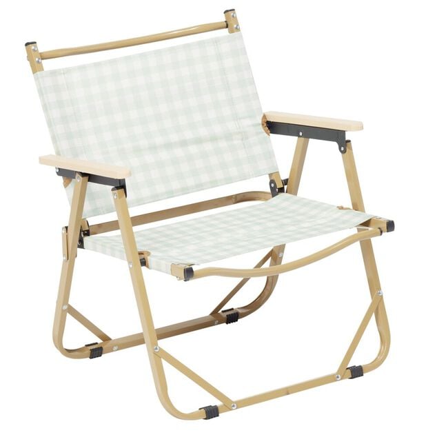 Chaise de camping pliable bambou et toile quadrill&eacute;e vert et blanc 54x38xH62cm