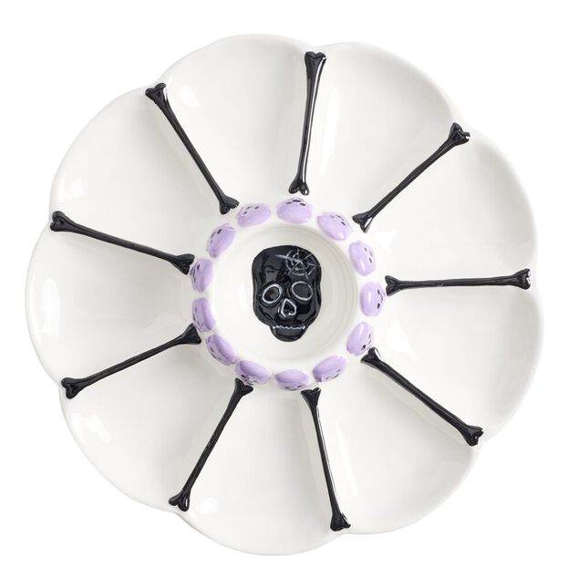 Assiette &agrave; tapas Halloween motif t&ecirc;te de mort dolomite blanc &Oslash;24cm