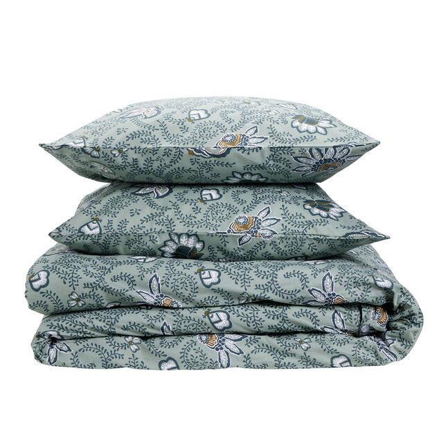 Parure de lit 2 personnes 240x220cm coton motif v&eacute;g&eacute;tal bleu et vert
