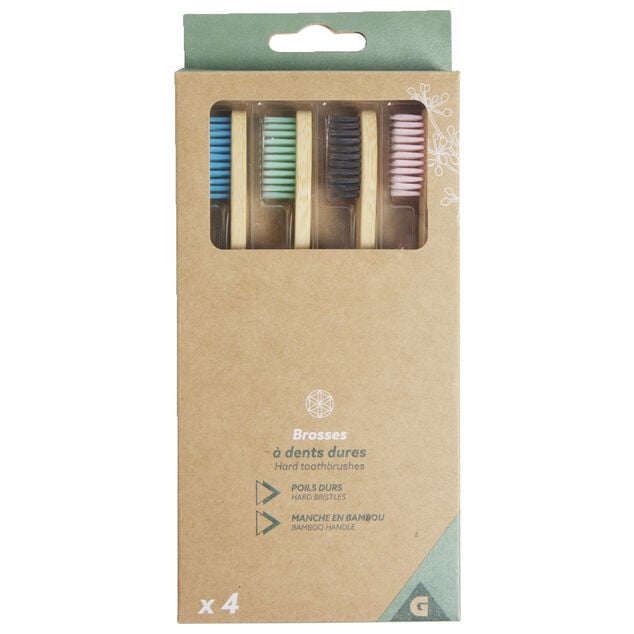 Lot de 4 brosses &agrave; dents dures poils nylon et manche bambou