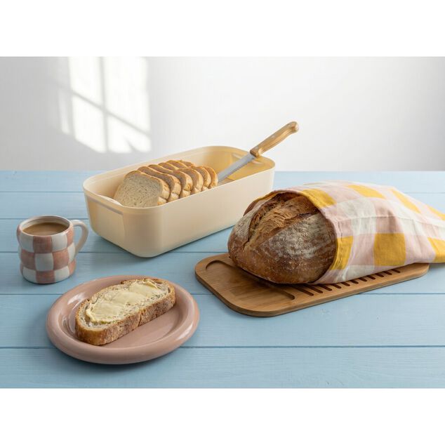 Bo&icirc;te &agrave; pain 6L plastique blanc planche bambou avec couteau et sac tissu coton