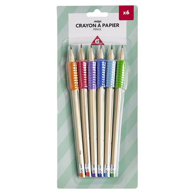 Crayon &agrave; papier HB avec grip et gomme x6