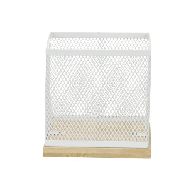 Pot &agrave; stylo bureau bambou et m&eacute;tal grillag&eacute; blanc 10x10x10cm