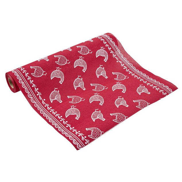 Chemin de table effet jute imprimé poule rouge et blanc L400x28 cm