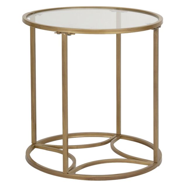 Table basse ronde India m&eacute;tal dor&eacute; et plateau verre &Oslash;43,5xH45,5cm