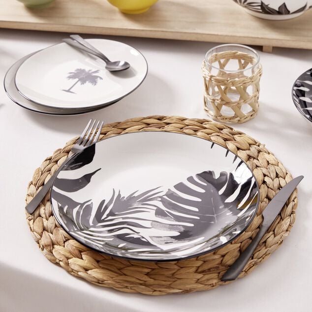 Service &agrave; vaisselle 12 pi&egrave;ces porcelaine motif feuillage tropical noir et blanc