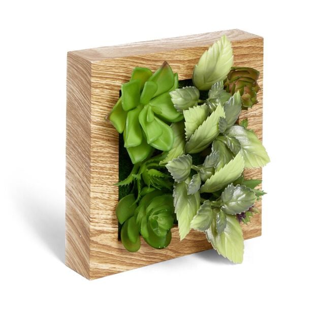 Plante artificielle d&eacute;coration murale cadre bois naturel 20x20cm