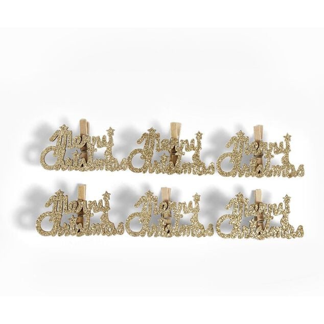 Pince de d&eacute;coration flocon Merry Christmas dor&eacute; x6