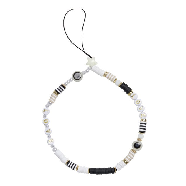 Bijou de téléphone perles doré blanc noir L17cm