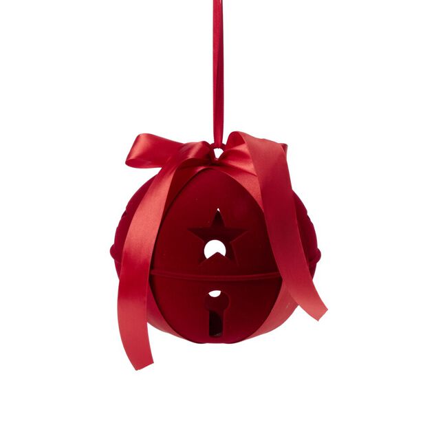 Boule de No&euml;l forme grelot floqu&eacute; avec noeud polyester 21X21XH17 cm rouge