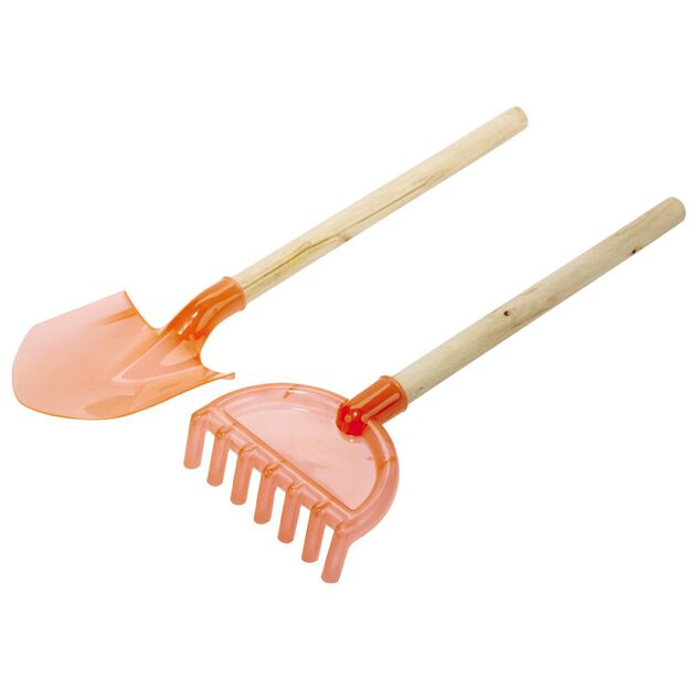 Pelle de plage en plastique rouge corail et manche bois L42cm