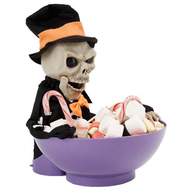 Saladier &agrave; bonbon Halloween squelette anim&eacute; noir et violet