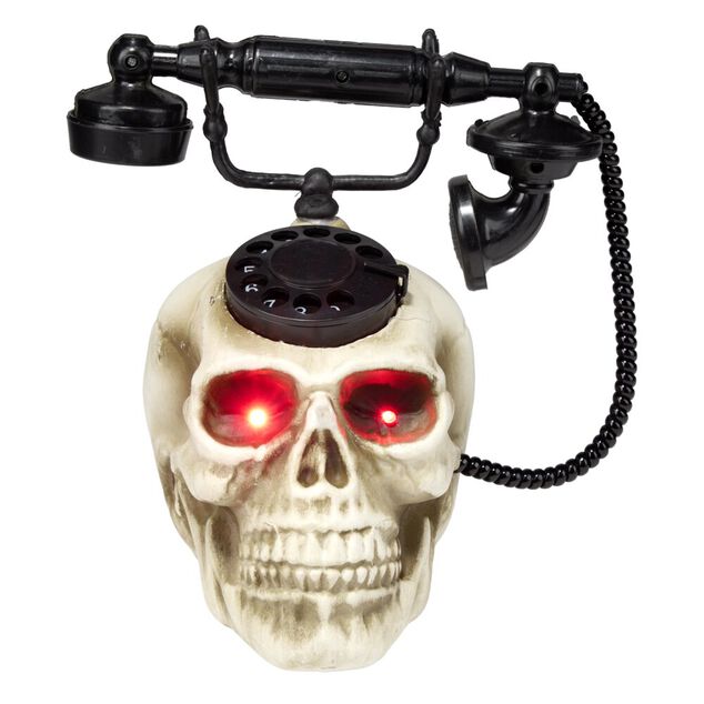 T&eacute;l&eacute;phone t&ecirc;te de mort Halloween LED d&eacute;tecteur mouvement son et lumi&egrave;re 19x22xH25cm