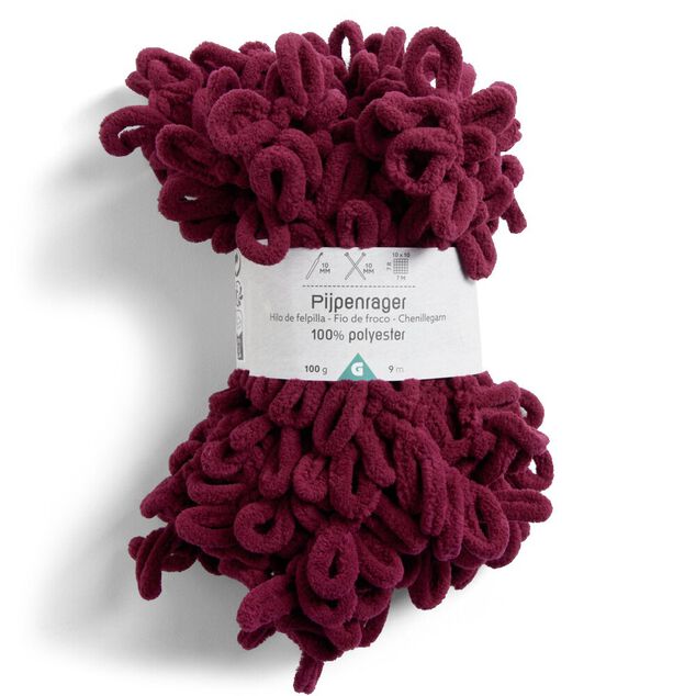 Pelote fil &agrave; tricoter 9m effet chenille polyester rouge bordeaux 100g