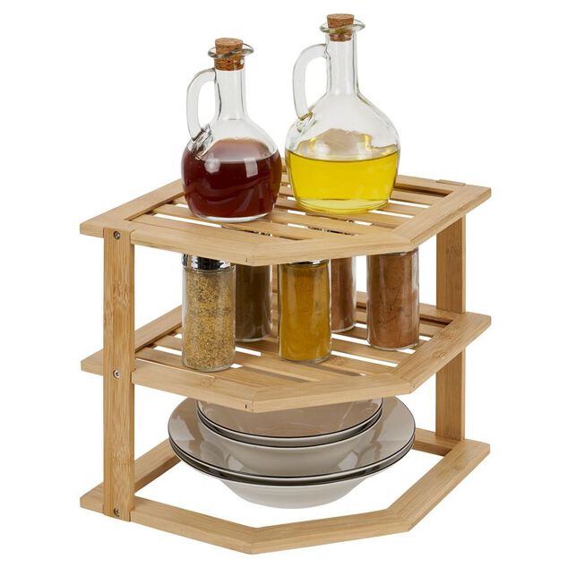 &Eacute;tag&egrave;re d'angle 2 niveaux en bambou 25x25xH23cm