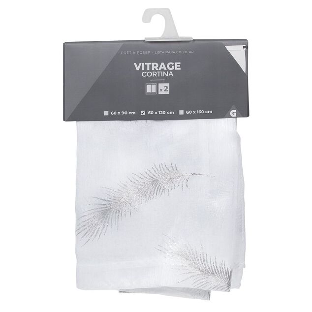 Vitrage blanc imprim&eacute; plume argent&eacute; 60x120cm x2
