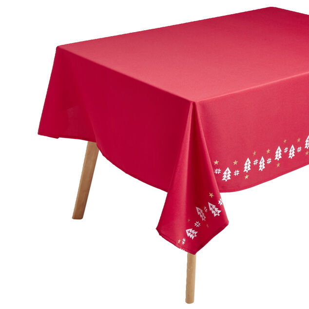 Nappe en tissu rouge motifs &eacute;toilee et sapins 140x300cm