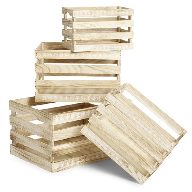 Cagette en bois motif flocon blanc 44x33xH25cm