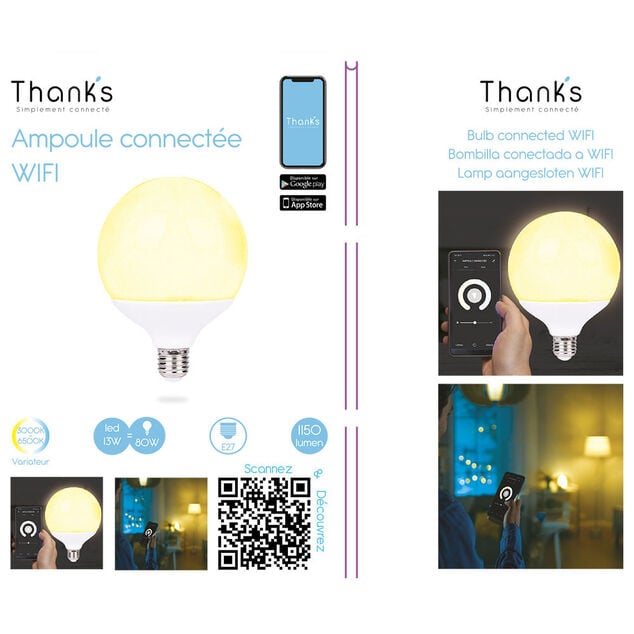 Ampoule LED connect&eacute;e blanc ajustable E27 80 W